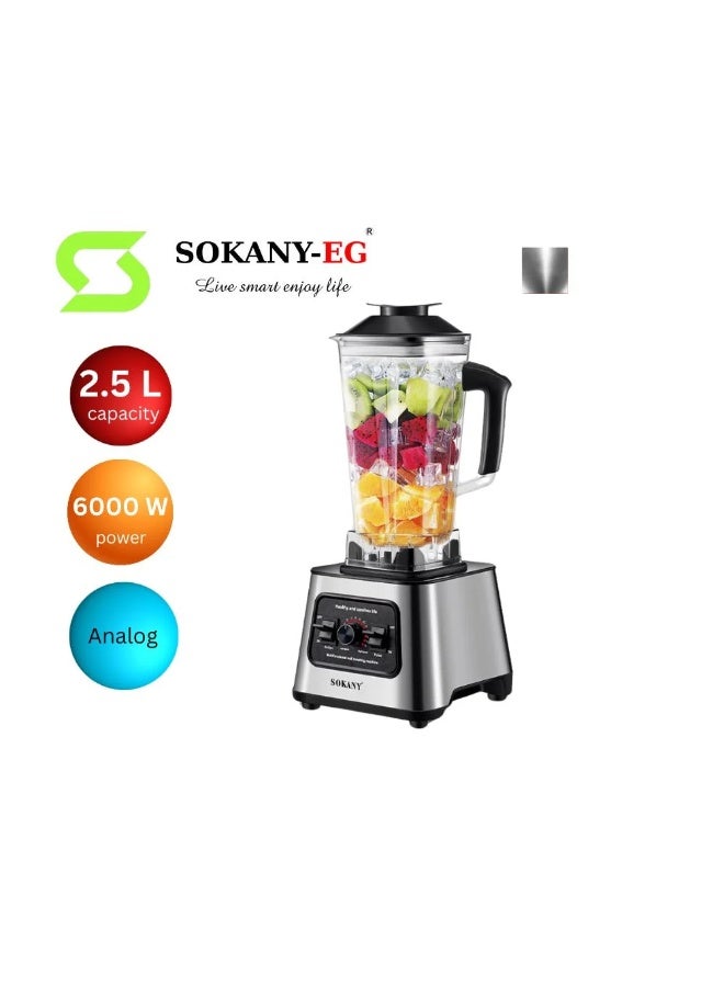 sokany High-powered blender made of durable stainless steel with a 6000W SK-999 copper motor from Sokany. This professional multi-purpose blender features 15 speeds, is a 2-in-1 appliance (blender and smoothie maker with a 2.5L capacity, coffee grinder), ice crushing, self-cleaning function, and is BPA-free. Silver finish. - Image 2